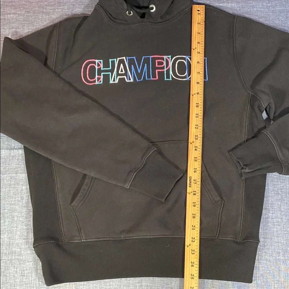 Champion Reverse Weave Hoodie M Black Multicolor Spellout Pullover Sweatshirt